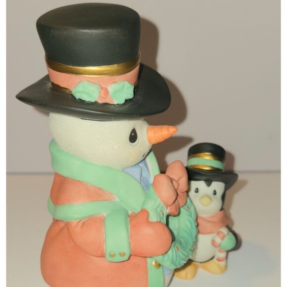 Snowman & Penguin Figurine With Wreath 5" Tall Hand-Painted 'All decked out' - Picture 5 of 7